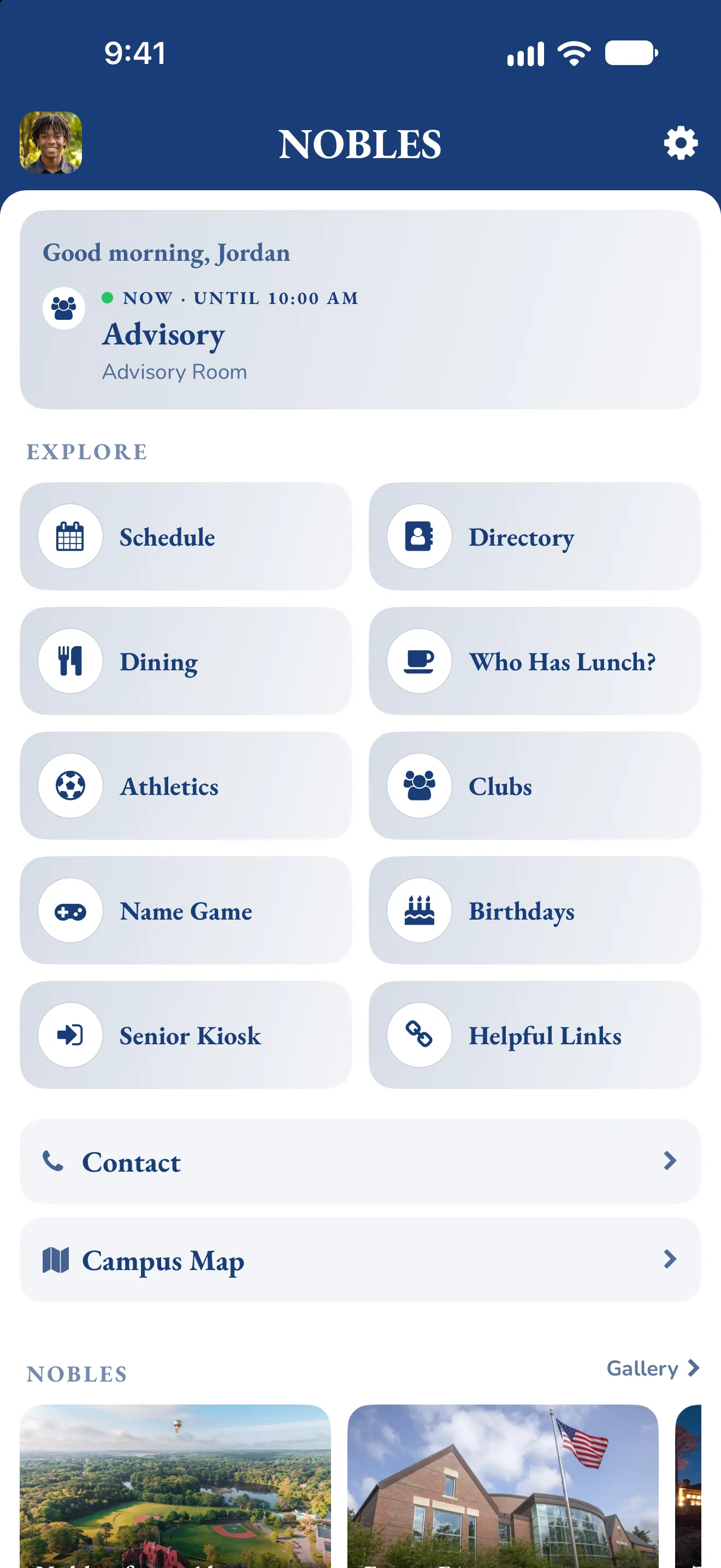 The Nobles app's home screen, in the school's navy.