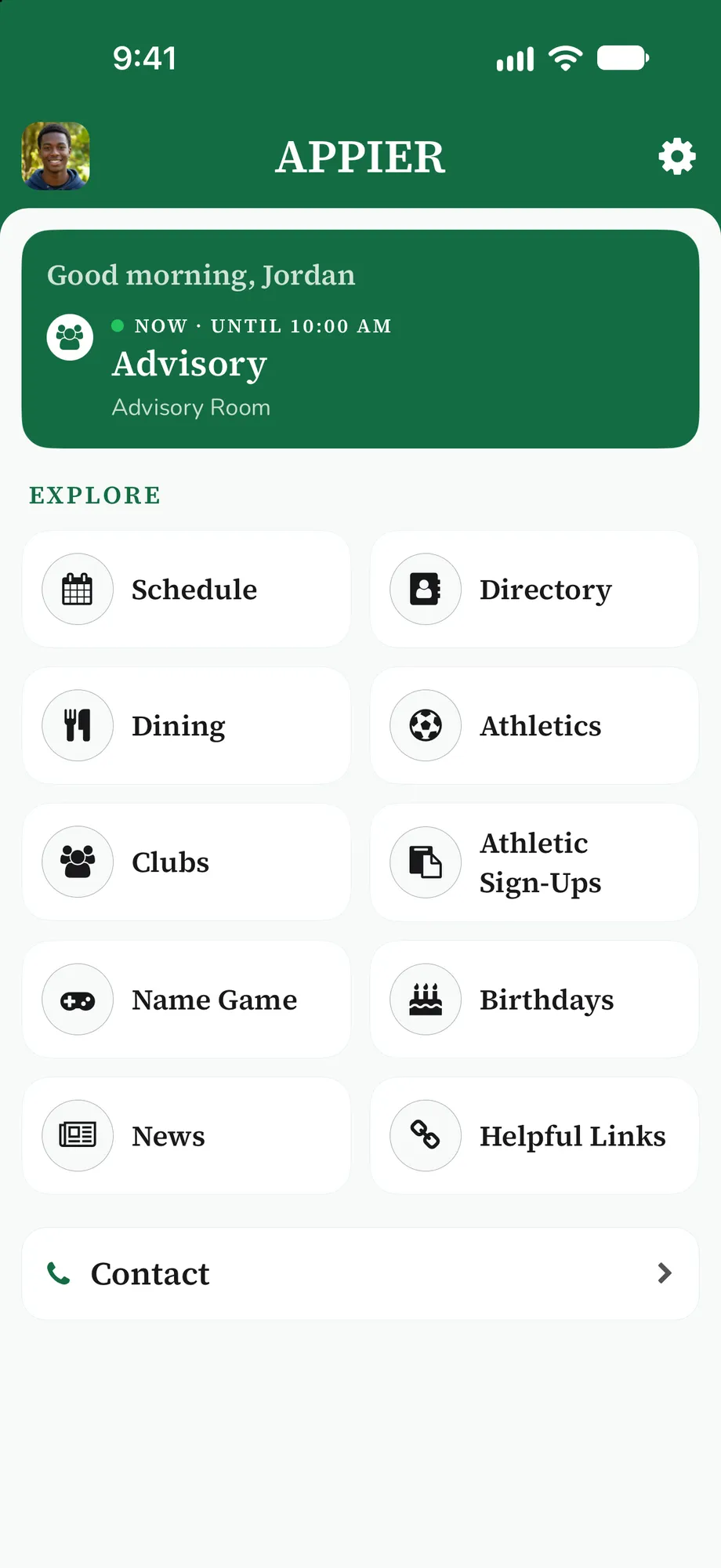 The Appier home screen: a greeting card and a grid of tiles for schedule, dining, athletics, directory, clubs and more.
