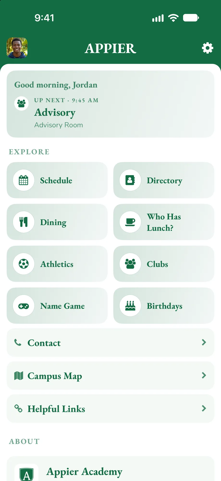 The Appier home screen: a greeting card and a grid of tiles for schedule, dining, athletics, directory, clubs and more.